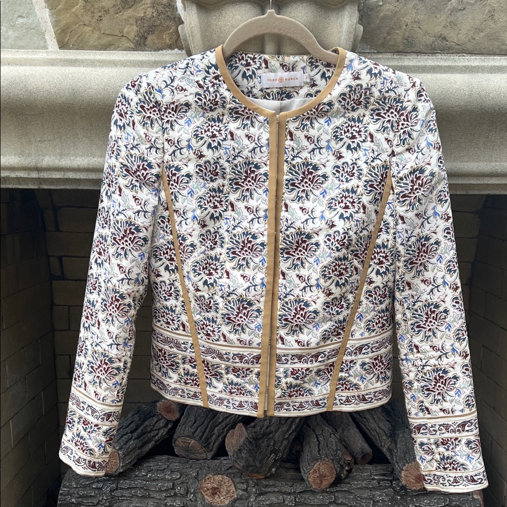 Tory Burch Cropped 100% Silk Blazer. SZ 0. Multicolored. Burgundy Tan